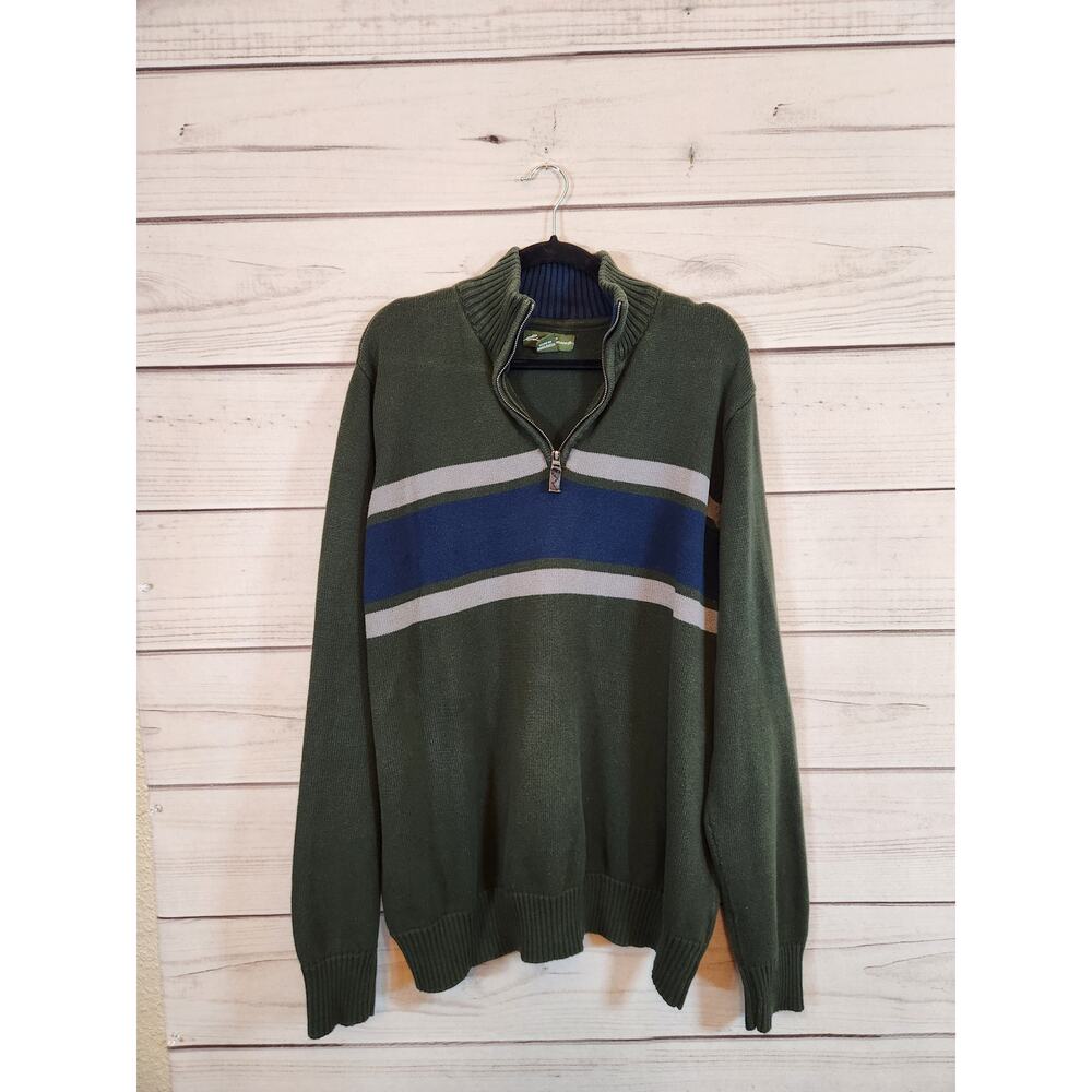 Eddie Bauer Mens Green Blue Striped 1/4 Zip Long Sleeve Pullover Sweater Size XL